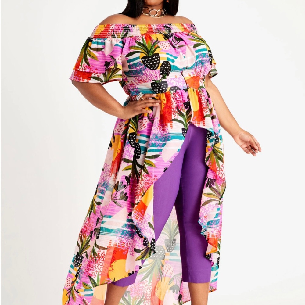 Ashley Stewart Drama Tropical Sheer Hi Low Duster